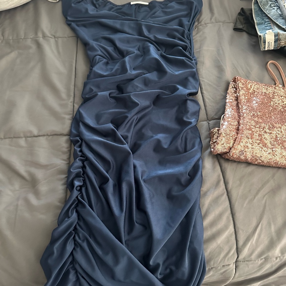 Elegant Navy Blue Ruched Dress